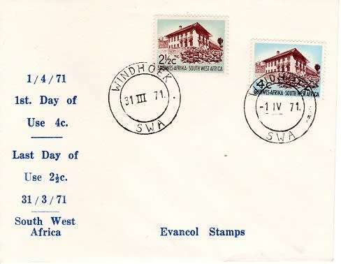 SWA 1971 Definitives on Private cover showing Last Day 2½c / 1st Day 4c
