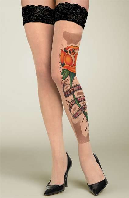 TEXAS ROSE TATTOO PATTERNED THIGH HIGH STOCKINGS