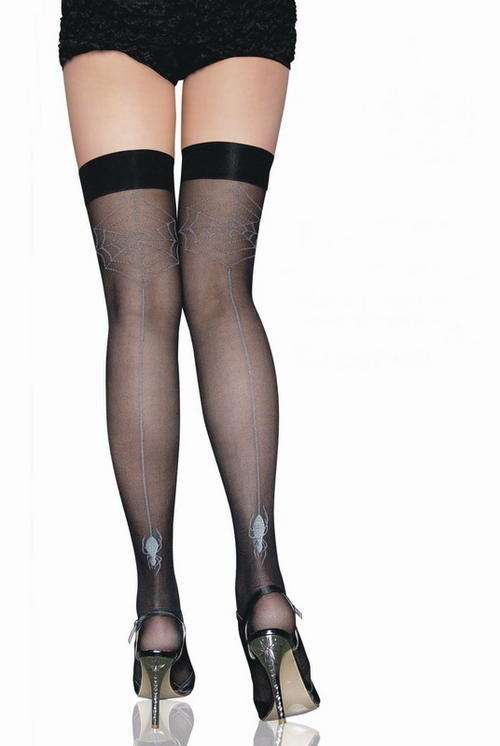 BLACK SHEER THIGH HIGH STOCKINGS with WHITE SPIDER and NET PATTERN