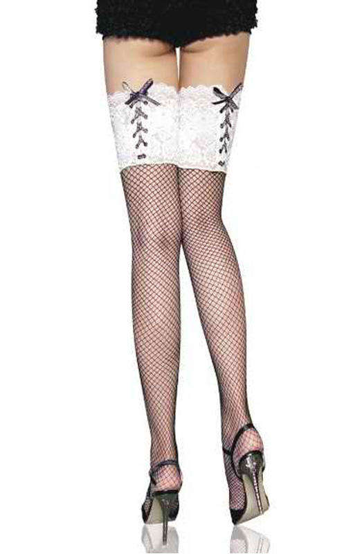 BLACK FISHNET STOCKINGS with WHITE LACE BAND and RIBBON TIES