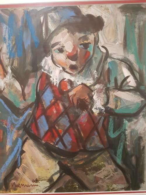 Hennie Niemann Snr oil on paper 48cmx42cm.dancing clownsigned 2009,. Low start