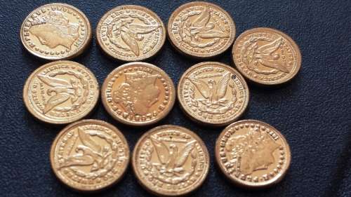 10 x MORGAN DOLLAR $ LIBERTY MINIATURE GOLD CLAD ORE NUGGETS. 0.81g EACH. + GET 10 FREE