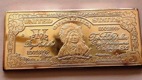 SILVER PLATED SILVER CERTIFICATE AMERICAN 5 DOLLAR BAR - IN ZIPOCK BAG.