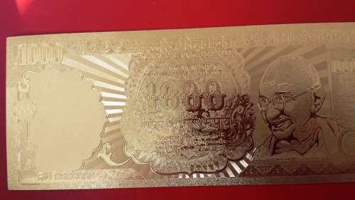 MAHATMA GHANDI .999 24 kt GOLD FOIL ONE THOUSAND (1000) RUPEES NOTE. LAST ONE LEFT.