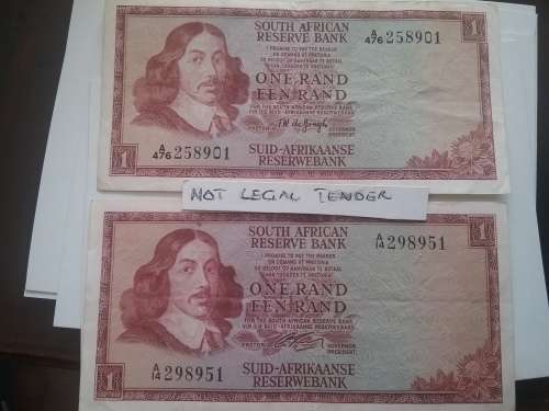 RISSIK + DE JONGH R1 NOTES IN NEAT UNCIRCULATED CONDITION.  BID PER NOTE TO TAKE BOTH.