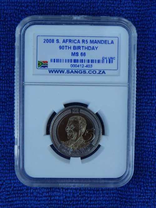 MS66- MINT STATE! NELSON MANDELA 2008 90th BIRTHDAY R5 COIN - GRADED BY SANGS! High GRADE.LAST 1.