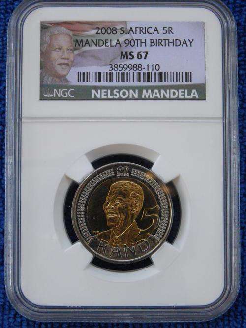 *** MS67 *** NGC GRADED MANDELA 2008 R5 - 90th BIRTHDAY. MINT STATE! NEW PERSONALISED COLOUR LABLE.
