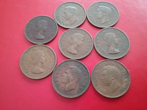 8 X 1d- UNION OF SOUTH AFRICA PENNIES INCLUDING RARE 1941 AND 1942 COINS. BID PER COIN TO TAKE ALL
