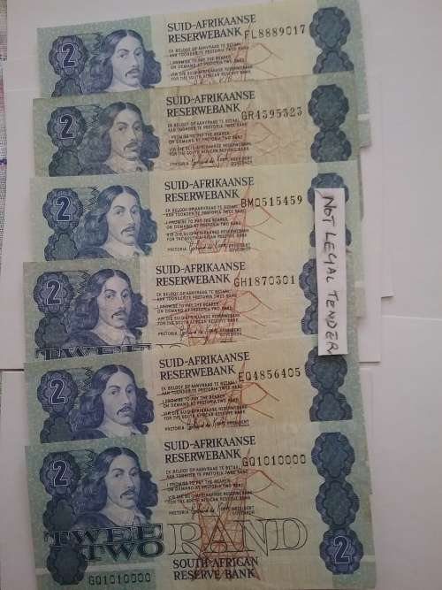 ** 6 x GERHARD DE KOCK TWO RAND NOTES IN PERFECT CONDITION. RARE IN THIS CONDITION.