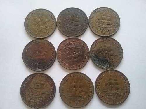 *** SET B ** CONSECUTIVE YEARS UNION OF SOUTH AFRICA 1D *** 1943 TO 1952 MISSING 1947. BID PER COIN