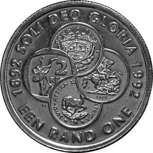 PROOF SILVER!!!  R1 SOLI DEO GLORIA 1892-1992 . HISTORIC ! PROTEA. CENTENARY OF SOUTH AFRICA BANKING