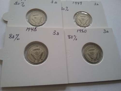 1947, 1948, 1949 & 1950 SILVER (80%) UNION OF SOUTH AFRICA 3D COINS. SEALED.  BID PER COIN TO TAKE 4