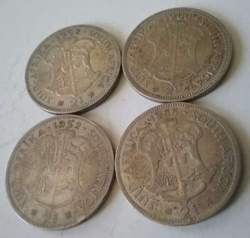 Silver! FOUR (4) X 2 SHILLING COINS - 1952 (2), 1955 & 1960. BID PER COIN TO TAKE ALL