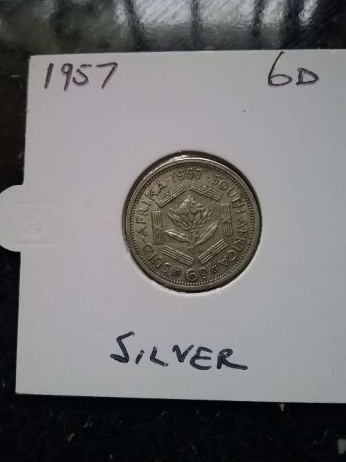 SILVER 1957 SIX PENCE - UNION OF SOUTH AFRICA COINS - SEALED.