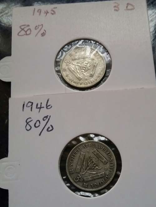 SILVER 1945 & 1946 UNION OF SOUTH AFRICA 3 PENCE COINS - BID PER COIN TO TAKE BOTH.