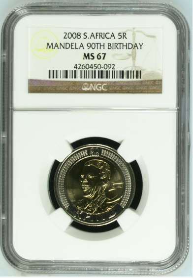 MS67 - GRADED BY NGC  (ORIGINAL LABLE) - NELSON MANDELA 90TH BIRTHDAY R5 COIN! HIGH GRADE!