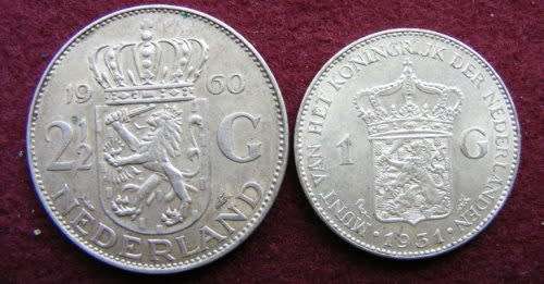 SILVER** Nederland: 1931: 1 gulden unc [10g]; 1960: 2.5 gulden EF [15g]. BID PER COIN FOR BOTH***