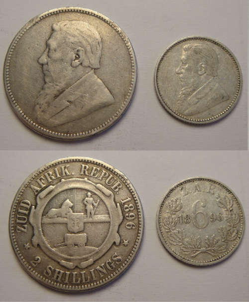 ZAR SILVER ** 1896 PAUL KRUGER SIX PENCE AND TWO SHILLING (ex-mounted) ** BID FOR BOTH***