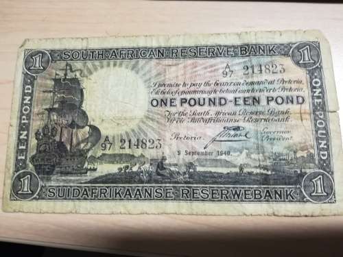 1940 POSTMUS 1 POUND BANKNOTE. A- ISSUE. ENG/AFR. DATED 9 SEPTEMBER 1940.