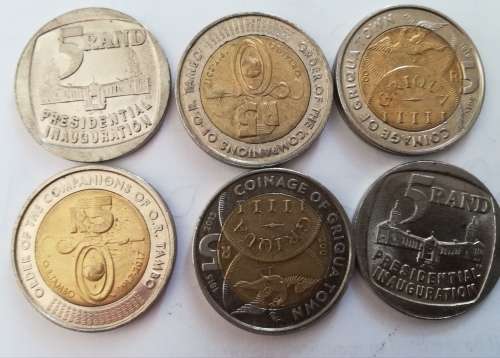 2 x 1994 INAUGURATION COINS, 2 X GRIQUA COINS, 2 X OR TAMBO COINS. BID PER COIN FOR ALL.