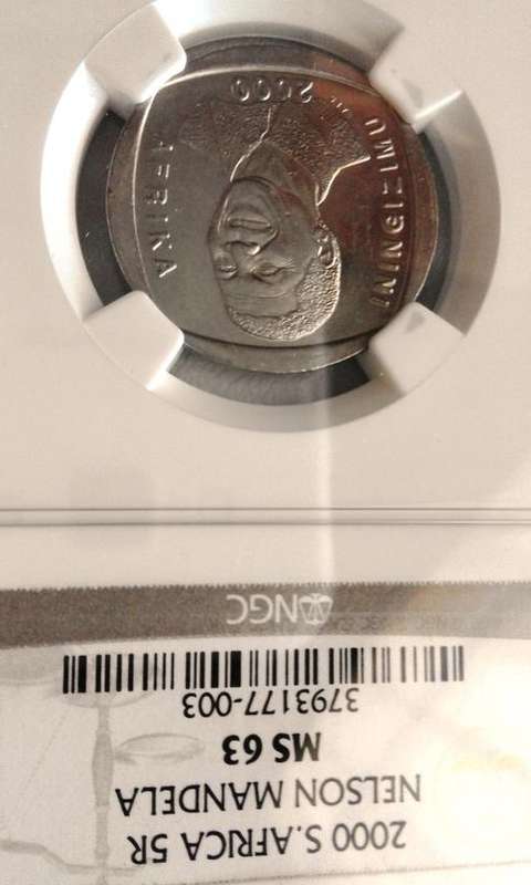 SMILEY MS63! VERY SCARCE! 2000 NELSON MANDELA R5 GRADED MS63 BY THE NGC.