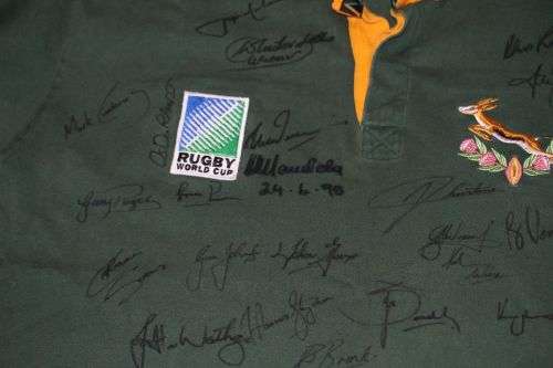 SALE! 1995 Rugby World Cup Jersey signed by Mandela and Springbok team with COA