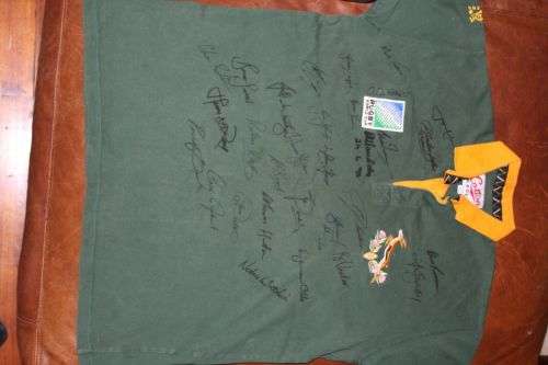 SALE! 1995 Rugby World Cup Jersey signed by Mandela and Springbok team with COA