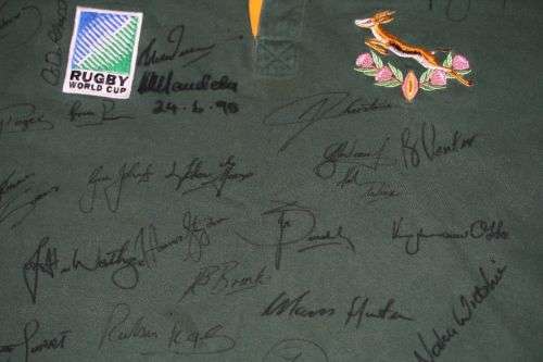 SALE! 1995 Rugby World Cup Jersey signed by Mandela and Springbok team with COA
