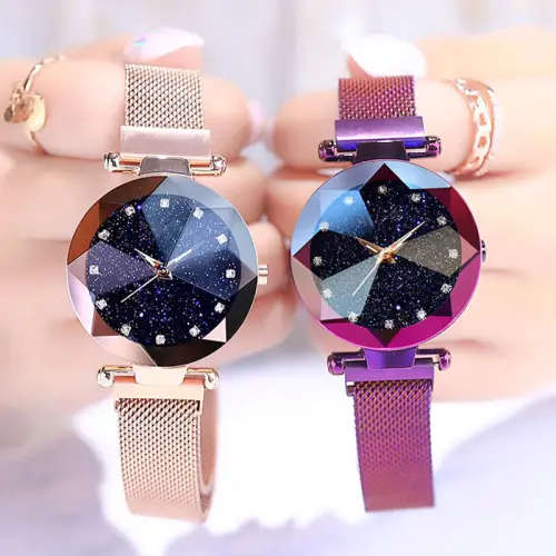 Luxury Starry Sky Stainless Steel Mesh Bracelet Watches For Women Crystal Analog Quartz Wristwatches