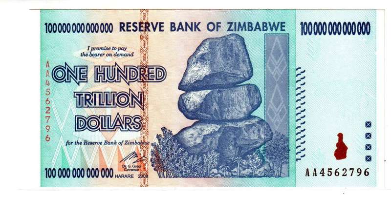 Zimbabwean  dollar 100 trillion dollars UNC notes