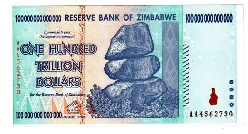 Zimbabwean  dollar 100 trillion dollars UNC notes