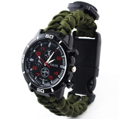 AOJIAN Outdoor Survival Watch Bracelet Paracord Compass Flint Fire Starter Whistle New (Army Green)