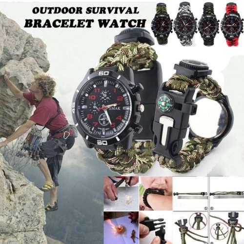 AOJIAN Outdoor Survival Watch Bracelet Paracord Compass Flint Fire Starter Whistle New (Army Green)