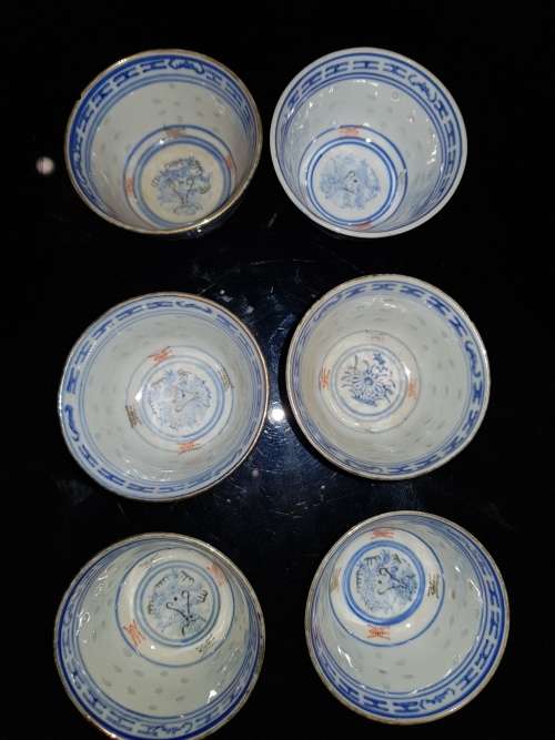 chinese blue & white Rice cup used condition x6