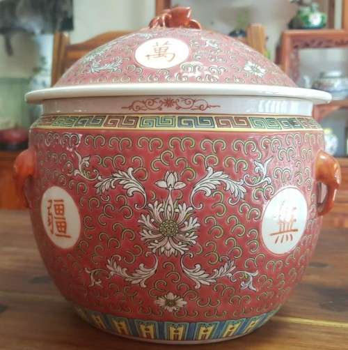 Mun Shou Rose Longevity Porcelain Soup Jar with Chinese Characters hand painted