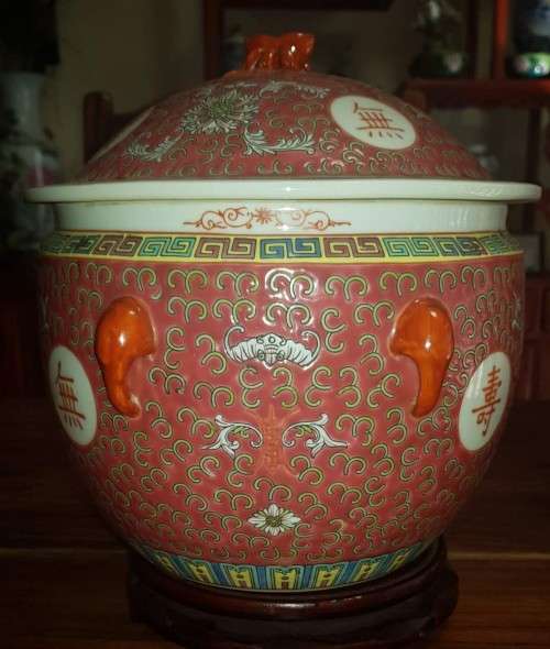 Mun Shou Rose Longevity Porcelain Soup Jar with Chinese Characters hand painted
