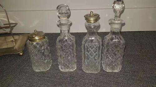 All glass salt, pepper vinegar and olive oil set- silver plated
