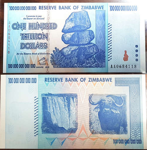 Zimbabwe 100 Trillion Dollar Banknotes serial number AA0684118 UNC  2008 issued
