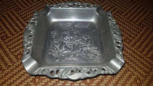 Antique Ornate Victorian 1890s Dutch Street Scene Repoussé Silver Plated Ashtray