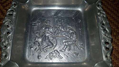 Antique Ornate Victorian 1890s Dutch Street Scene Repoussé Silver Plated Ashtray