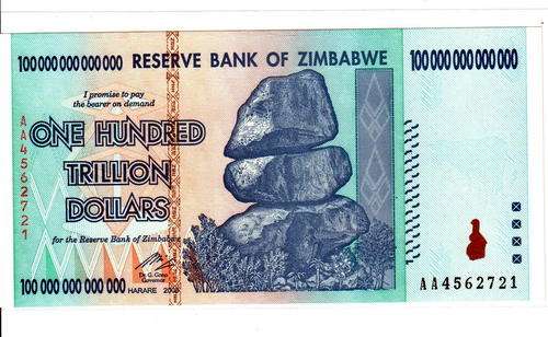 Zimbabwean  dollar 100 trillion dollars UNC notes