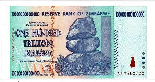 Zimbabwean  dollar 100 trillion dollars UNC notes
