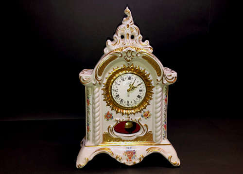 ANTIQUE PORCELAIN MANTLE CLOCK, GERMAN MADE WINETTE