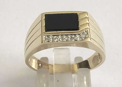 ONIX AND DIAMOND GOLD MENS RING, SOLID 9 CT