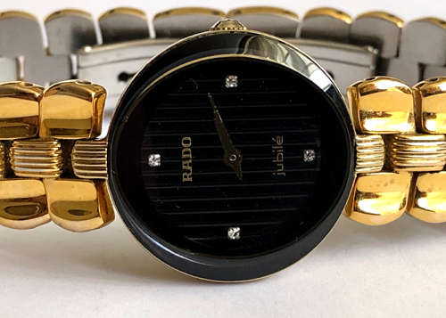 RADO JUBILE LADIES WATCH, BLACK DIAL 4 DIAMONDS, 18 CT GOLD ELECTROPLATED, WORKING