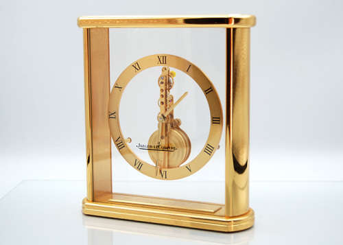 Jaeger LeCoultre Skeleton Baguette Clock, c 1960, Gold Plated Brass and Glass