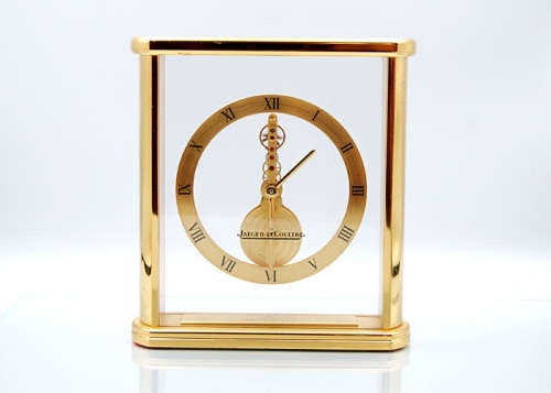 Jaeger LeCoultre Skeleton Baguette Clock, c 1960, Gold Plated Brass and Glass