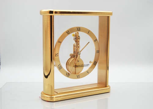 Jaeger LeCoultre Skeleton Baguette Clock, c 1960, Gold Plated Brass and Glass