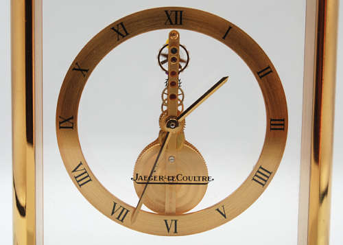 Jaeger LeCoultre Skeleton Baguette Clock, c 1960, Gold Plated Brass and Glass