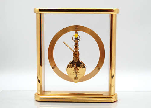 Jaeger LeCoultre Skeleton Baguette Clock, c 1960, Gold Plated Brass and Glass